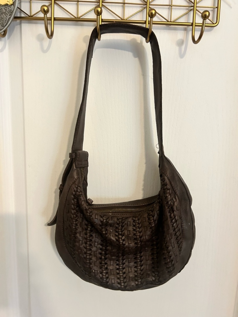 Woven Leather Shoulder Bag in Dark Brown